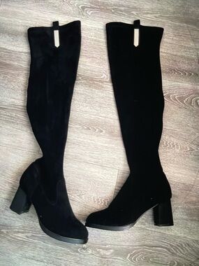 Over-the-Knee Black Suede Block Heel Boots